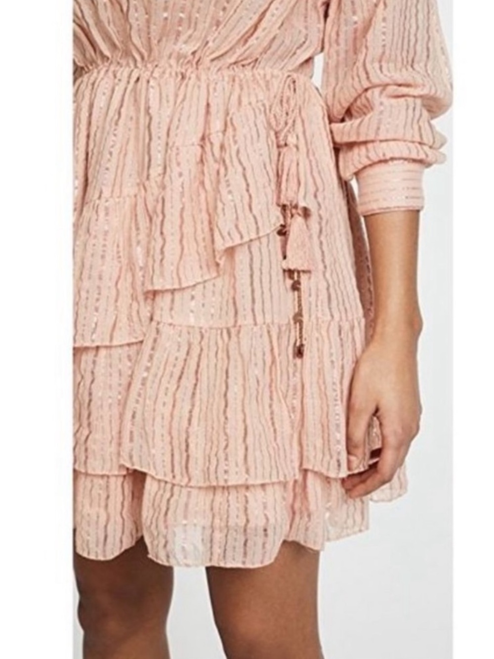 Ulla Johnson Della Metallic Pink Tiered Ruffle Long Sleeve Mini Dress size 8 - Picture 2 of 10